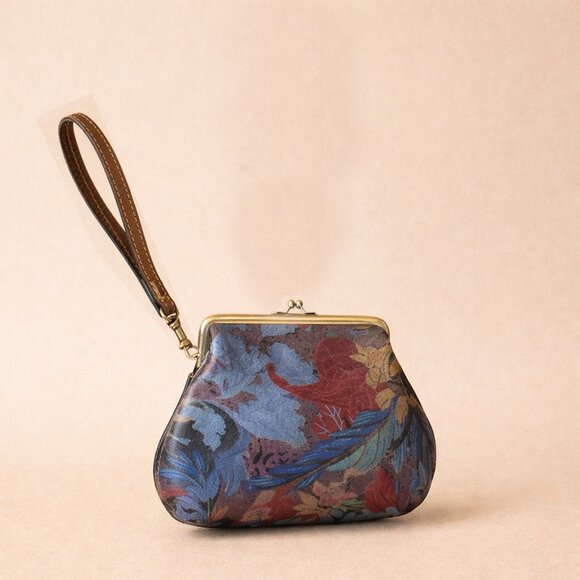 Patricia Nash Savena Leather Wristlet Clutch Blue Forest Tan Kiss Lock NWT